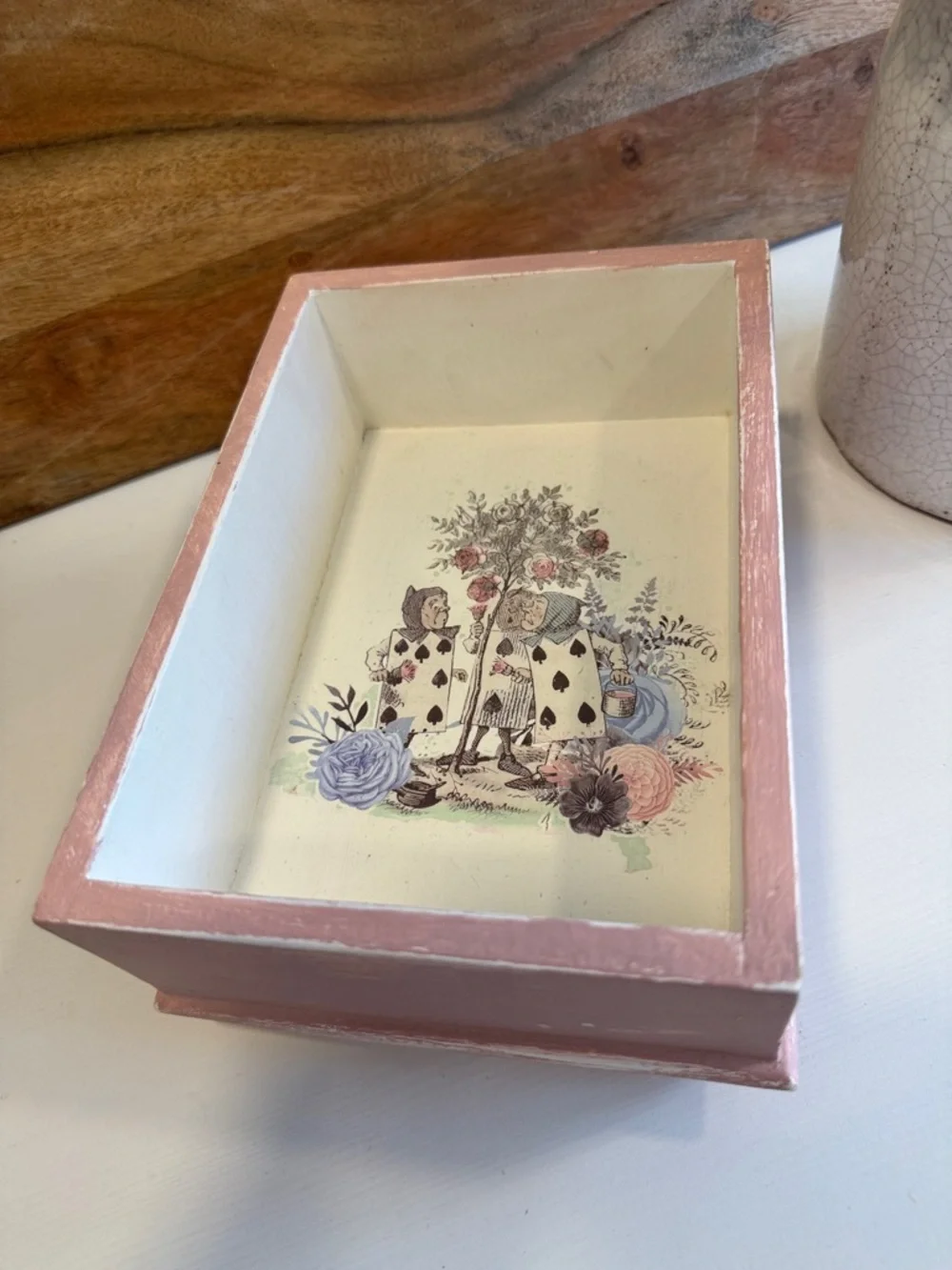 Decorative Painted Wooden Trinket Box or Catch All in Pale Pink and Cream
